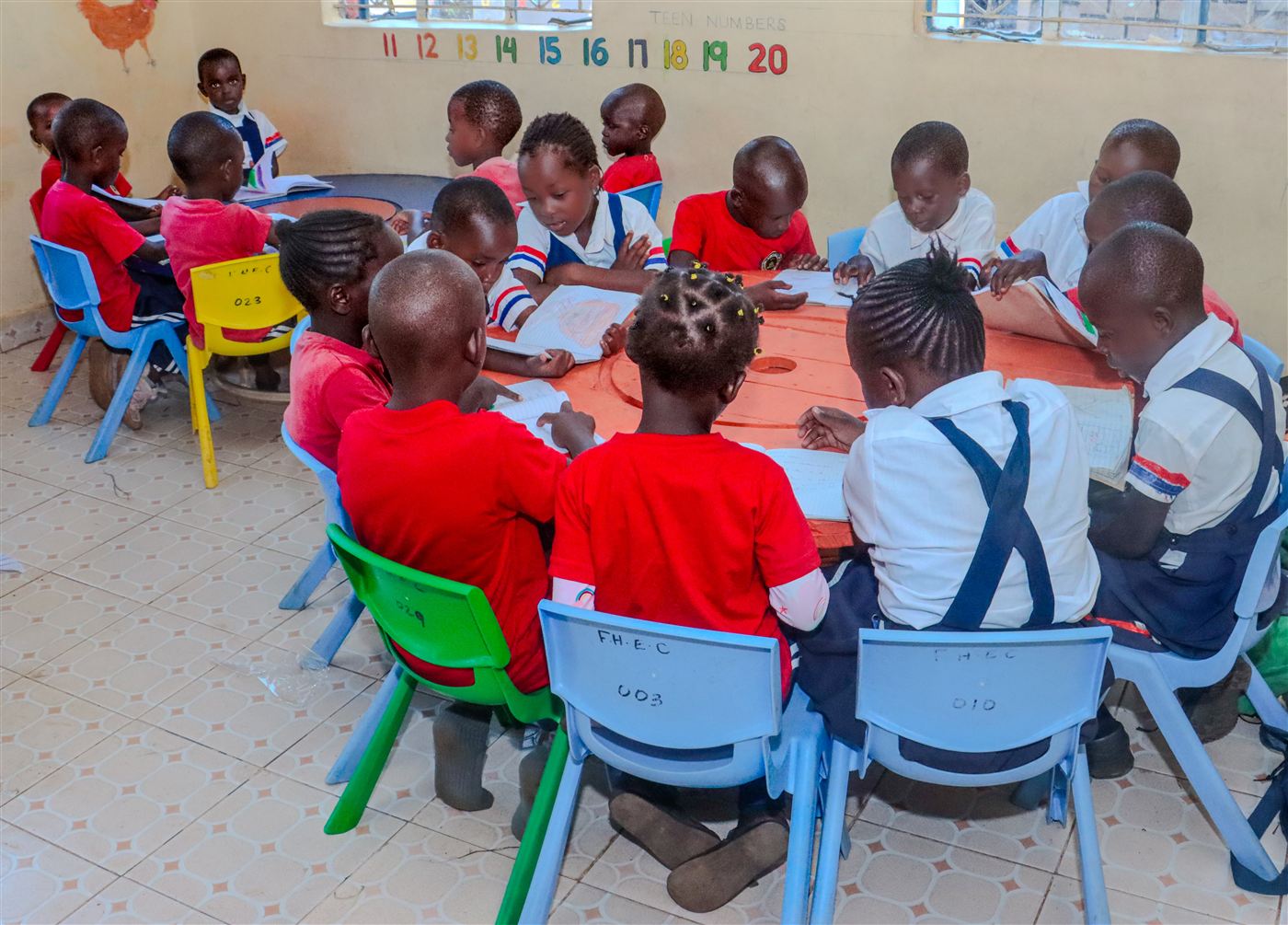 Learners sharing books around a table